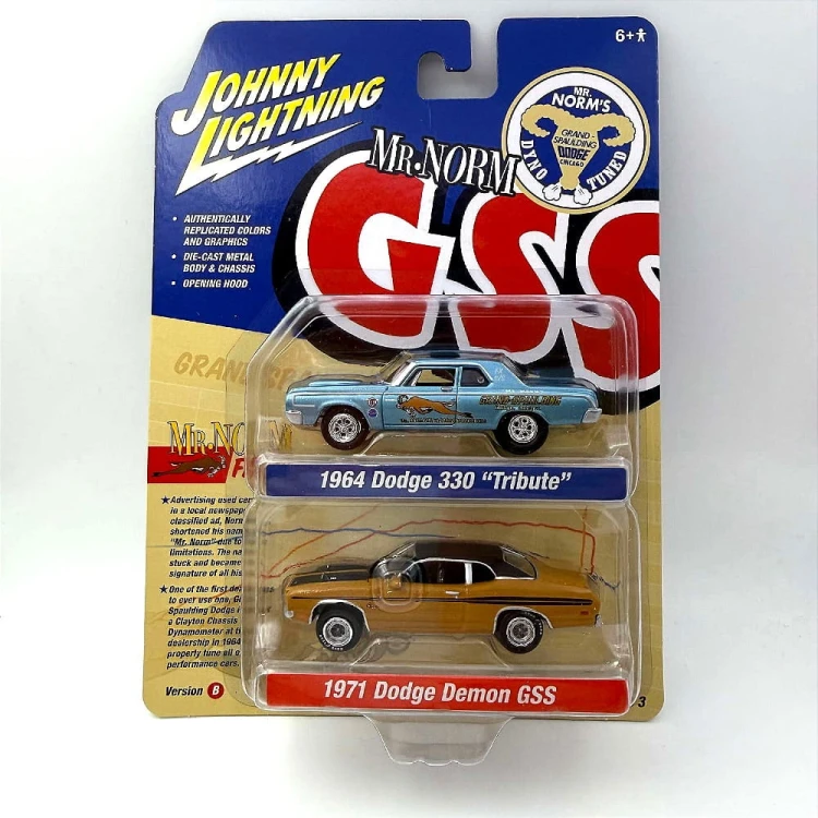 Johnny Lightning Dodge 1964 330 Tribute &amp; Dodge 1971 Demon GSS 1:64 przód