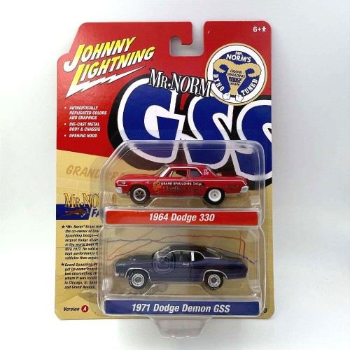 Johnny Lightning Dodge 1964 330 Red &amp; Dodge 1971 Demon GSS 1:64 przód