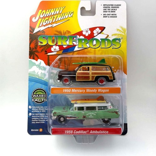 Johnny Lightning Mercury 1950 Woody Wagon &amp; Cadillac 1959 Ambulance 1:64 przód