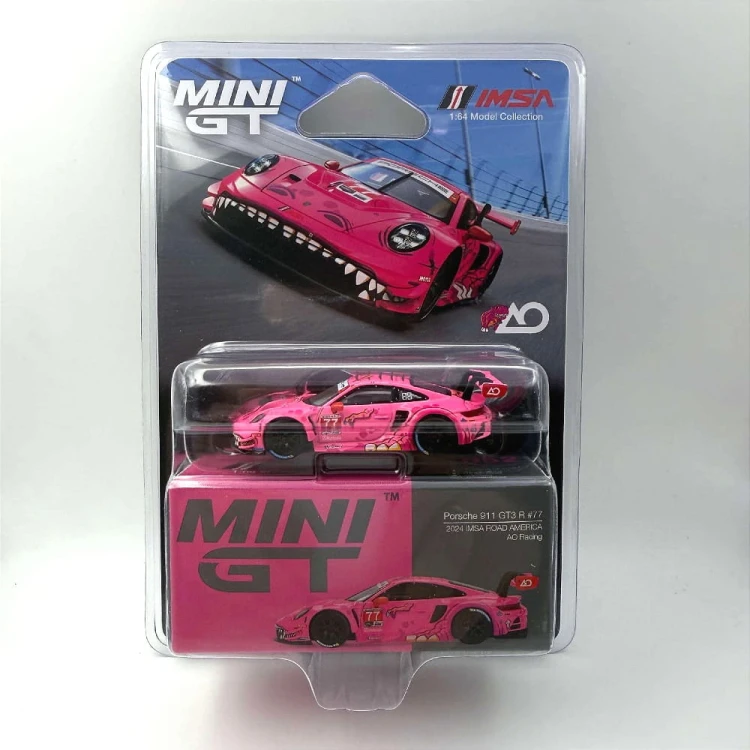 Mini GT ROXY Porsche 911 GT3 R #77 2024 IMSA ROAD AMERICA AO Racing Różowy Blister 1:64 przód