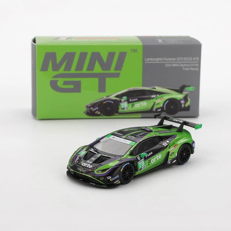 Mini GT Lamborghini Huracán GT3 EVO2 #78 Forte Racing 2024 IMSA Daytona 24 Hrs 1:64 box