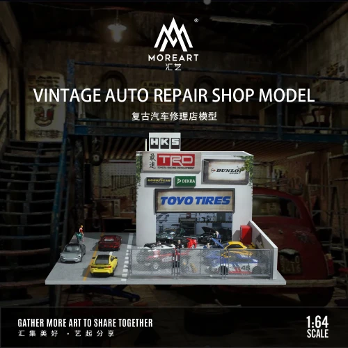 MoreArt Diorama Warsztat samochodowy – model retro 1:64 przód detal