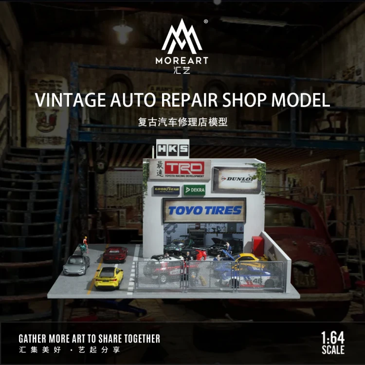 MoreArt Diorama Warsztat samochodowy – model retro 1:64 przód detal
