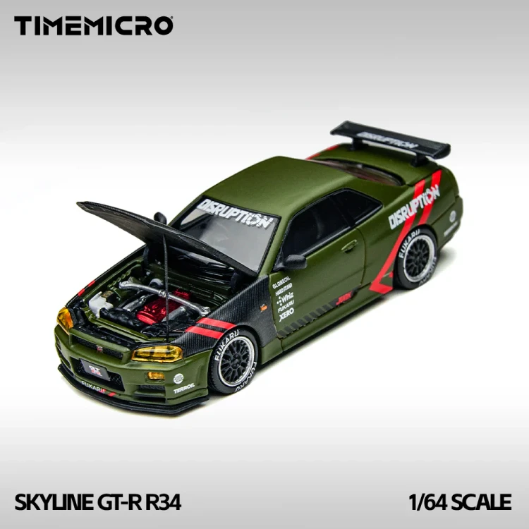 TimeMicro Nissan Skyline GT-R R34 Matte Green 1:64 przód detal