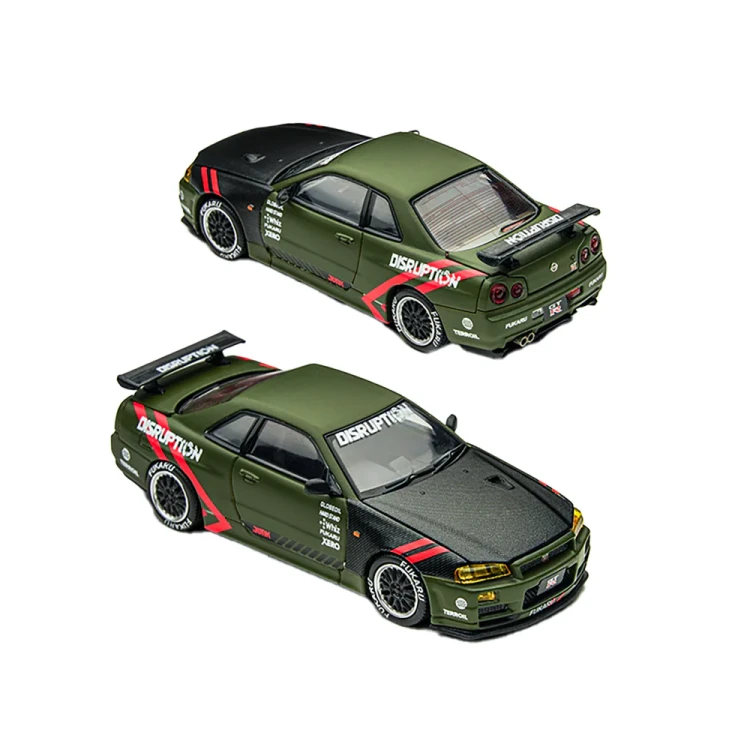 TimeMicro Nissan Skyline GT-R R34 Matte Green 1:64 przód i tył