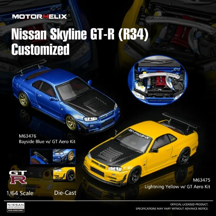 PREORDER Motorhelix Nissan Skyline GT-R (R34) Customized with GT Aero Kit, Bayside blue 1:64 plakat