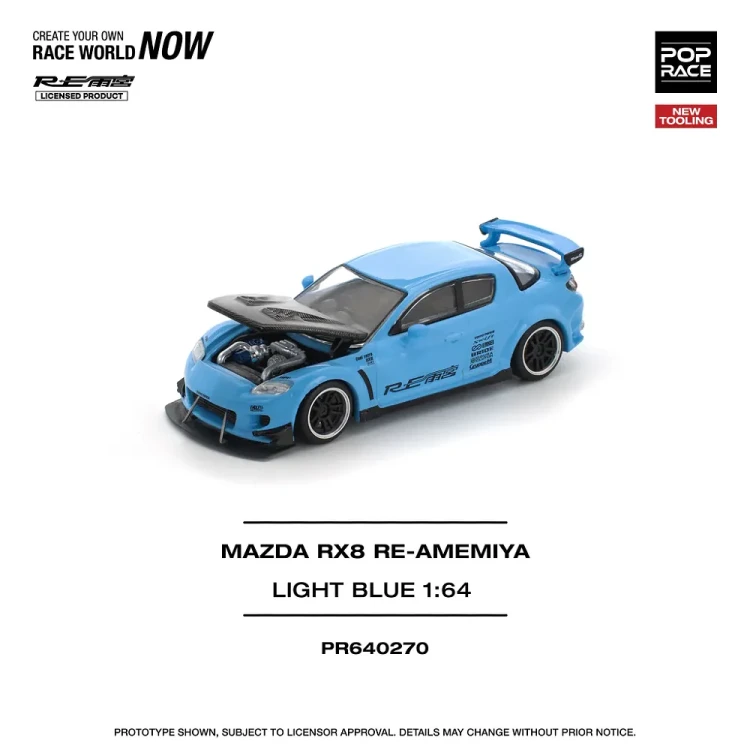 Pop Race Mazda RX8 RE-Amemiya Widebody RHD Light Blue with Carbon Hood 1:64 przód detal