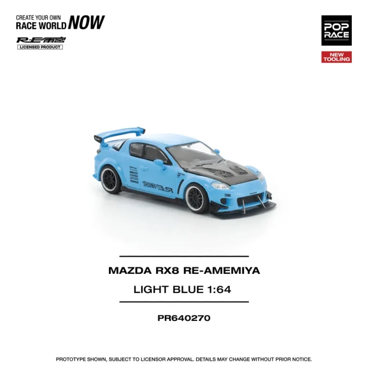 Pop Race Mazda RX8 RE-Amemiya Widebody RHD Light Blue with Carbon Hood 1:64 przód