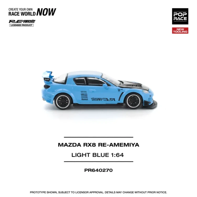 Pop Race Mazda RX8 RE-Amemiya Widebody RHD Light Blue with Carbon Hood 1:64 bok