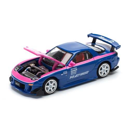 Pop Race Mazda RX7 Re Amemiya Widebody Blue Pink 1:64 przód detal