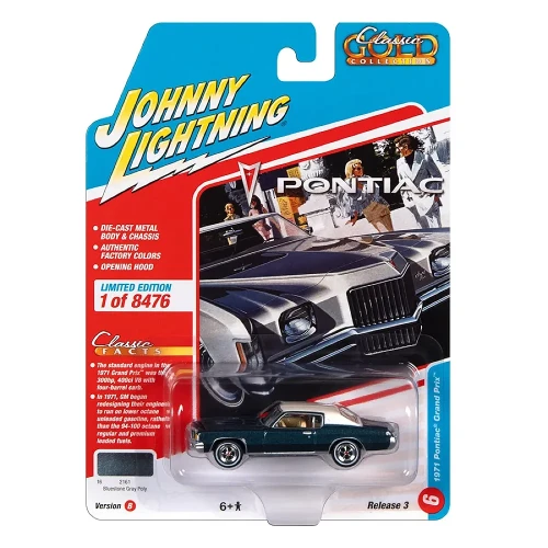 Johnny Lightning Pontiac Grand Prix 1971 Bluestone Gray Metal 1:64 przód