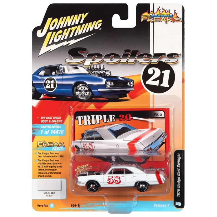 Johnny Lightning 1970 Dodge Dart Spoilers Gloss White with Red Stripe 1:64 przód