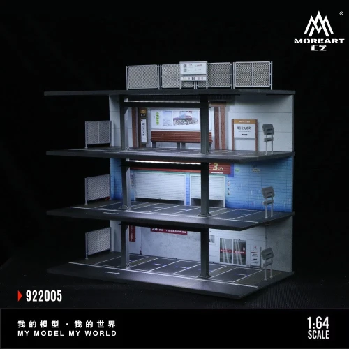 MoreArt Garaż JDM STEEL FRAME GARAGE PARKING LOT SCENE Podświetlany LED 1:64 bok detal 2