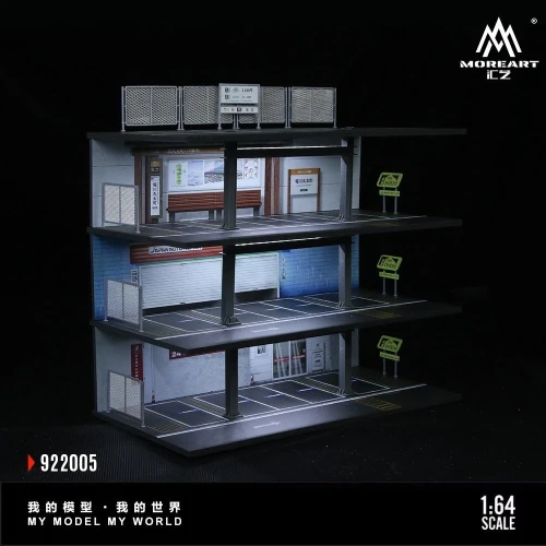 MoreArt Garaż JDM STEEL FRAME GARAGE PARKING LOT SCENE Podświetlany LED 1:64 bok detal