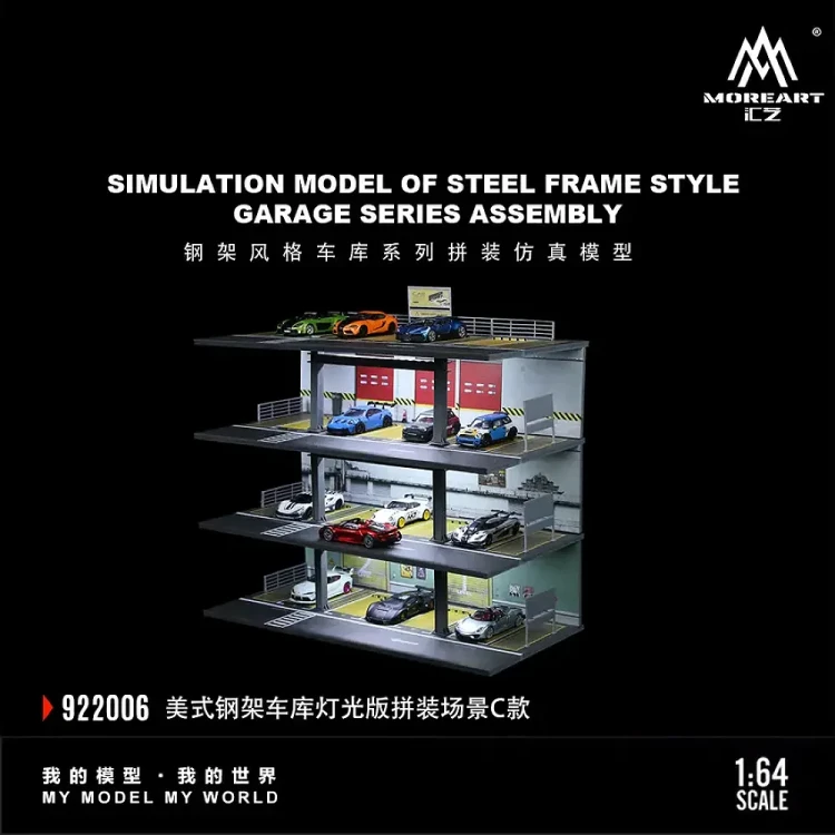 MoreArt Garaż American Style Simulation model of steel frame style Podświetlany LED 1:64 bok