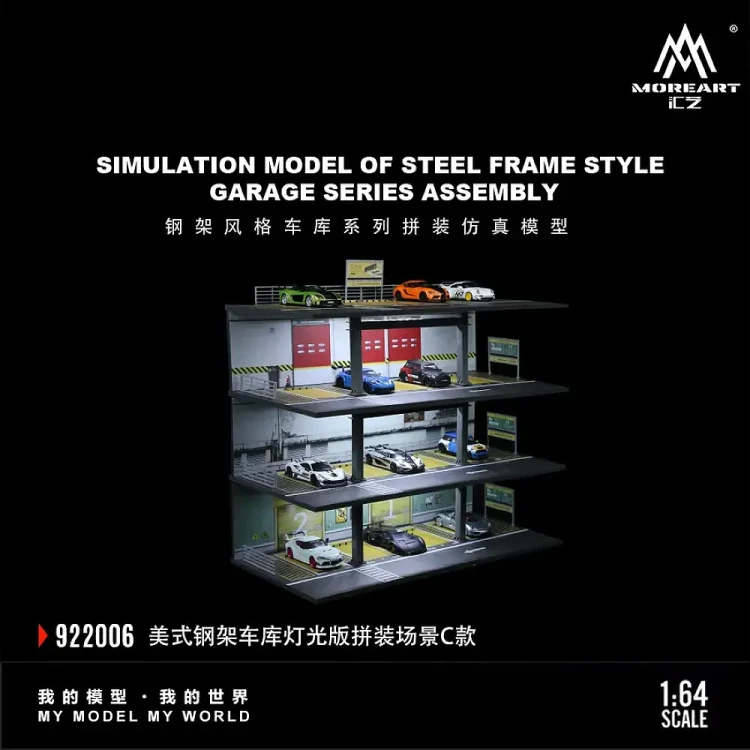 MoreArt Garaż American Style Simulation model of steel frame style Podświetlany LED 1:64 bok detal