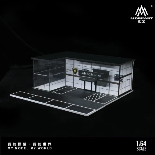 MoreArt Diorama LAMBORGHINI TWO-LAYER ASSEMBLY SHOWROOM SHOP 1:64 bok
