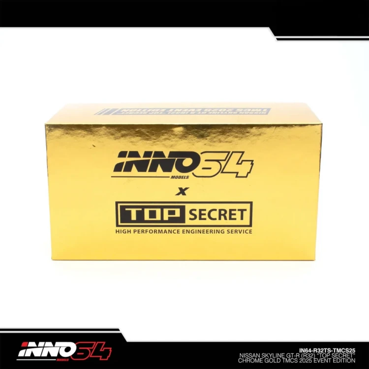 INNO64 Nissan Skyline GT-R R32 Top Secret chrome gold TMCS 2025 Event Edition 1:64 box detal