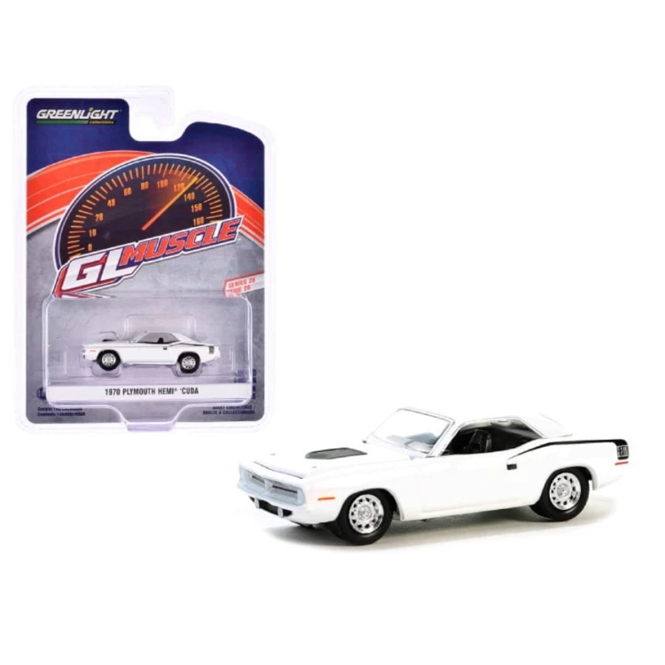 Greenlight 1970 Plymouth Hemi Cuda in Apline White 1:64 przód i bok