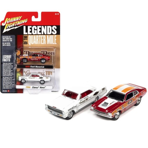 Johnny Lightning 1970 Ford Maverick Red Orange &amp; 1966 Chevrolet Nova 1:64 przód