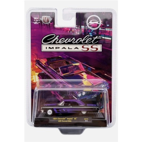 M2 Machines 1964 Chevrolet Impala SS 409 Convertible Black Metallic with Purple Graphics 1:64 przód
