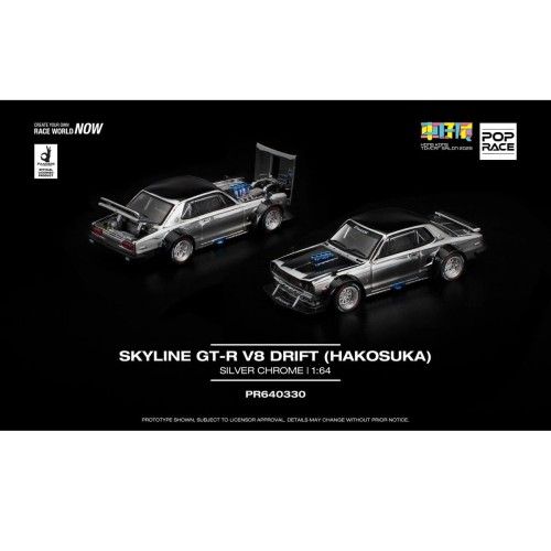 Pop Race Skyline GT-R V8 Drift Hakosuka silver chrome Tokyo Auto Salon 1:64 przód