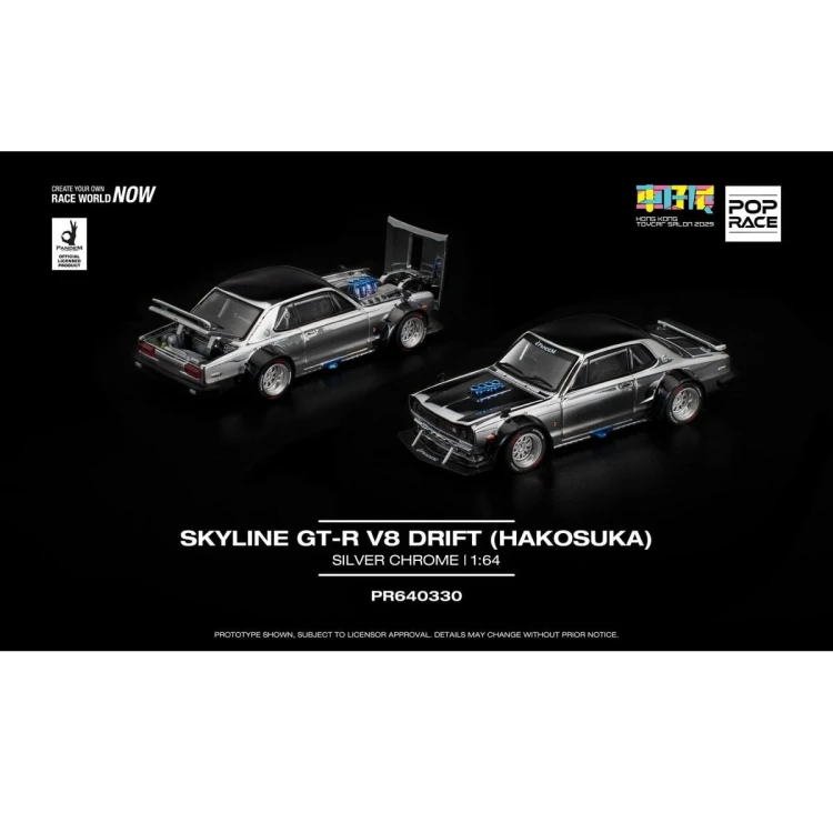 Pop Race Skyline GT-R V8 Drift Hakosuka silver chrome Tokyo Auto Salon 1:64 przód