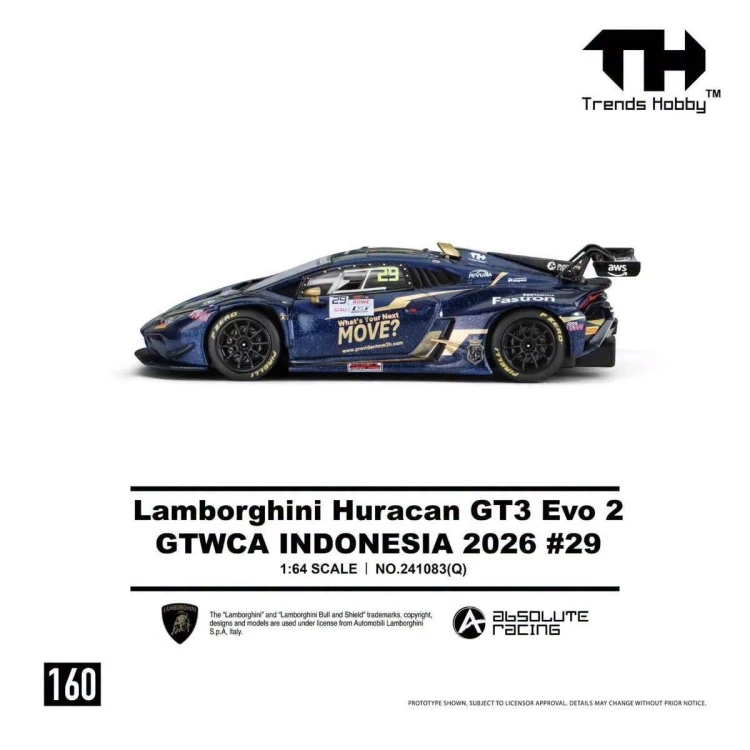 Trends Hobby LAMBORGHINI HURACAN GT3 EVO 2 GTWCA Indonesia 2026 #29 Blue 1:64 bok