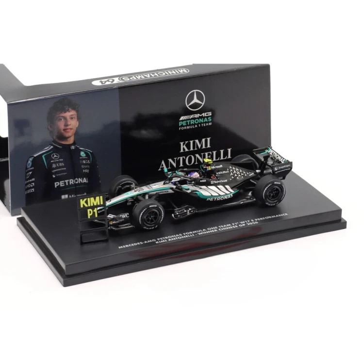 Minichamps Kimi Antonelli Mercedes-AMG F1 W17 #12 Winner China GP Formula 1 2026 1:64 przód box