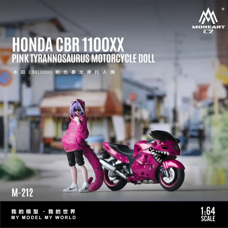 MoreArt Roxy Honda CBR1100XX Pink Tyrannosaurus – Motocykl z Figurką 1:64 przód