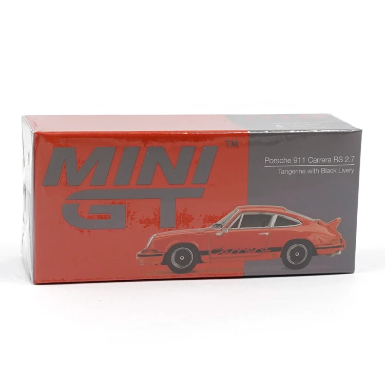 MINI GT Porsche 911 Carrera RS 2.7 Tangerine with Black Livery 1:64 box