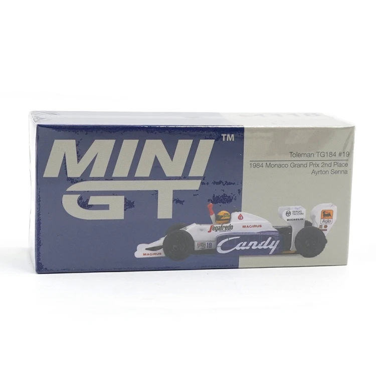 MINI GT Toleman TG184 #19 Ayrton Senna 1984 Monaco Grand Prix 2nd Place 1:64 box