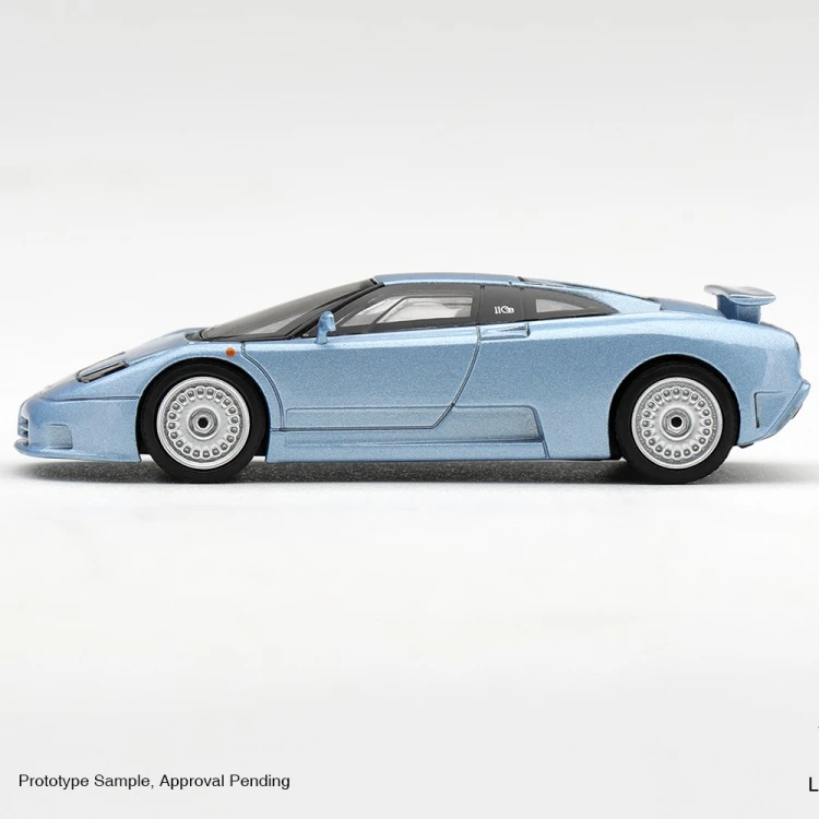 Mini GT Bugatti EB110 GT Azzurro Metallizzato Mondial de l'Automobile 1992 1:64 bok