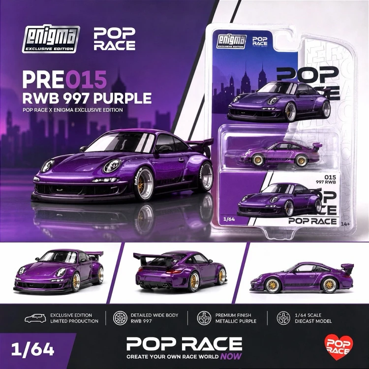 Pop Race x Enigma Porsche RWB 997 GT Wing Purple 1:64 przód detale