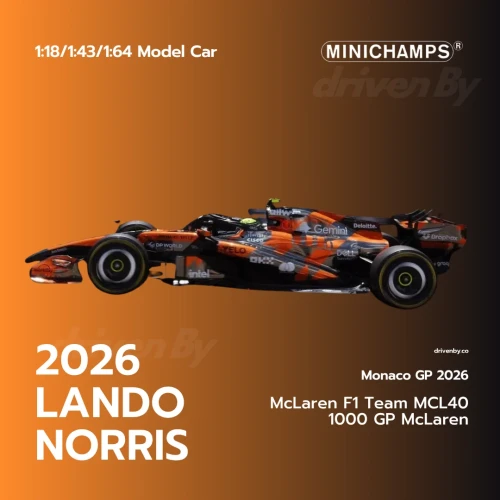 Minichamps McLAREN F1 MCL40 N 1 MONACO GP 2026 LANDO NORRIS 1000th GP LIVERY 1:64 plakat
