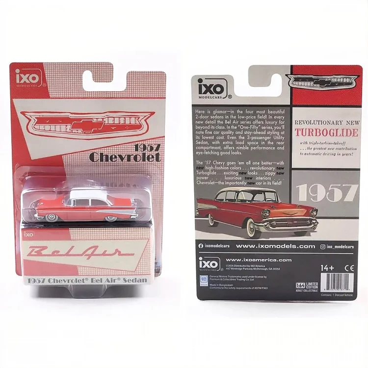 IXO America 1957 Chevrolet Bel Air red white 1:64 karta przód tył