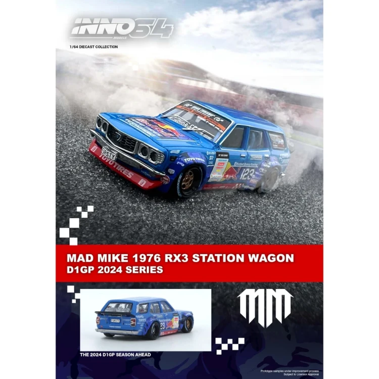 INNO64 Mad Mike 1976 Mazda RX3 RX-3 Station Wagon D1GP 2024 Series Red Bull 1:64 plakat