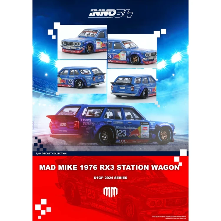 INNO64 Mad Mike 1976 Mazda RX3 RX-3 Station Wagon D1GP 2024 Series Red Bull 1:64 plakat 2
