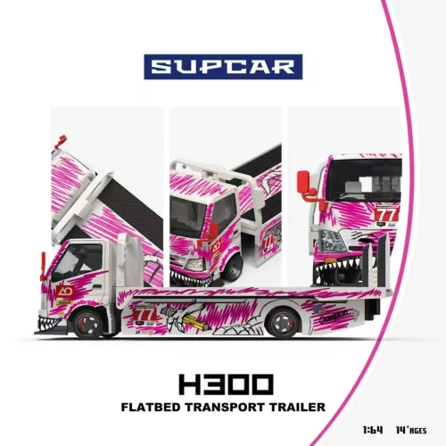 SUPCAR H300 Flatbed Transport Trailer #77 White Pink Graffiti Pink Dinosaur Livery 1:64 bok