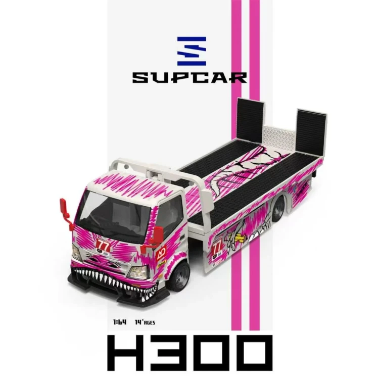 SUPCAR H300 Flatbed Transport Trailer #77 White Pink Graffiti Pink Dinosaur Livery 1:64 przód