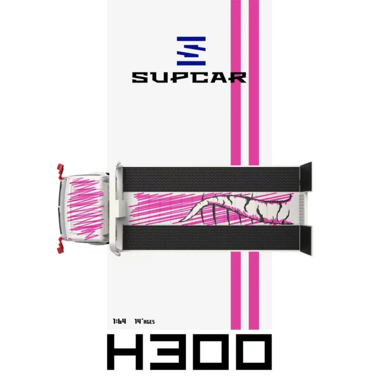 SUPCAR H300 Flatbed Transport Trailer #77 White Pink Graffiti Pink Dinosaur Livery 1:64 góra