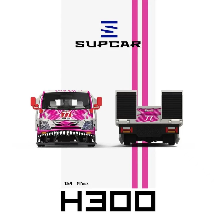 SUPCAR H300 Flatbed Transport Trailer #77 White Pink Graffiti Pink Dinosaur Livery 1:64 przód tył