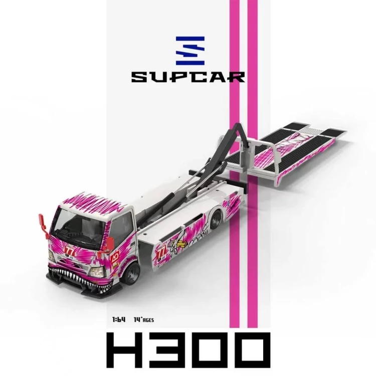 SUPCAR H300 Flatbed Transport Trailer #77 White Pink Graffiti Pink Dinosaur Livery 1:64 detale