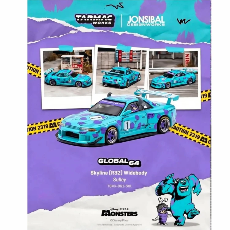 Tarmac Works Nissan Skyline GT-R R32 Widebody Jon Sibal Disney Sulley 1:64 plakat